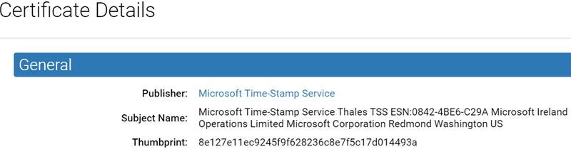 The Certificate Details page showing the Publisher field