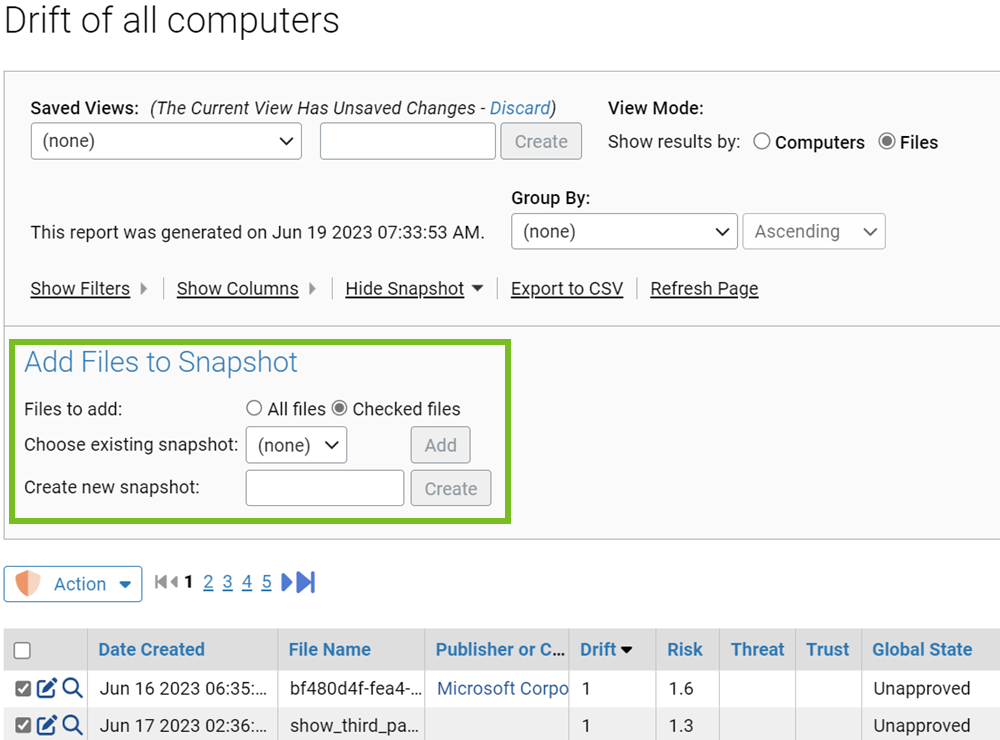 The baseline drift report with the add files to a snapshot section highlighted