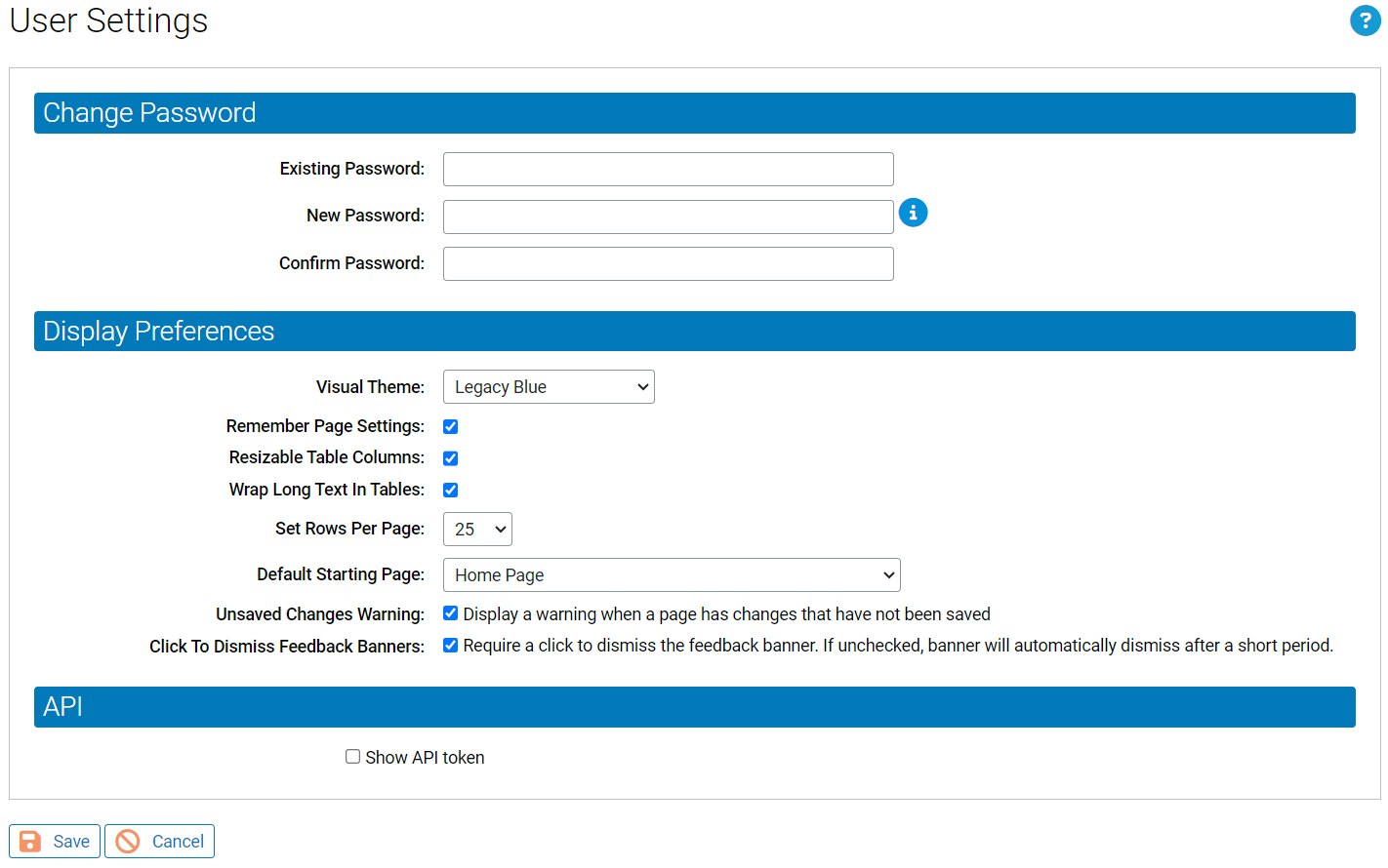 The user settings page