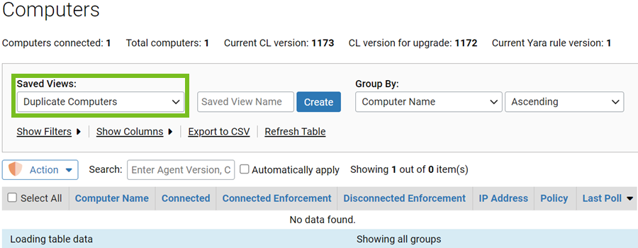 The Duplicate Computers view showing duplicate computers