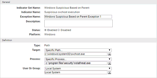 The Indicator Set Exception Details page showing the General and Definition details