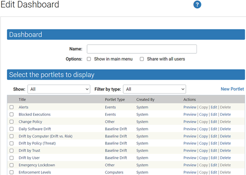 The Edit Dashboard page