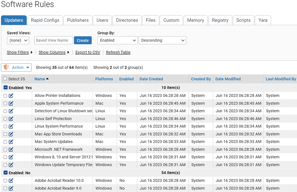 The Updaters tab on the Software Rules page