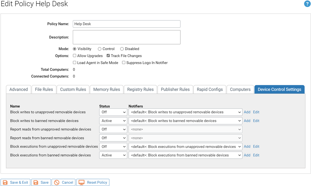 The Edit Policy page showing the Device Control Settings tab
