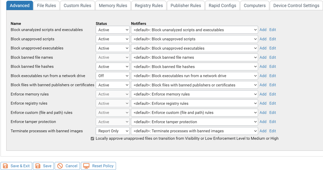 The Advanced settings for policies
