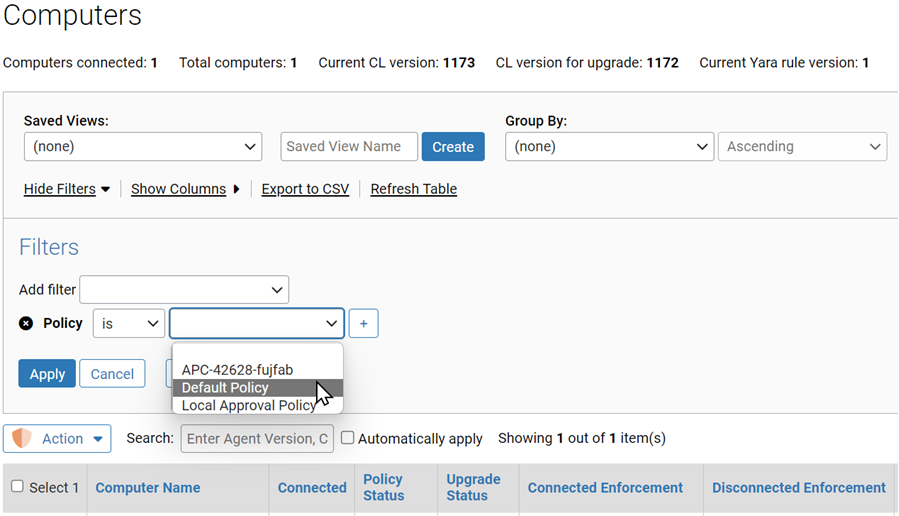 The computers page with default policy filter selected