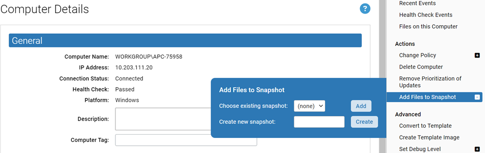 The Actions menu with Add Files to Snapshot selected