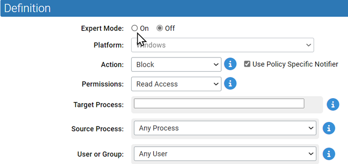 The Location of the On radio button for enabling the expert mode interface for memory rules