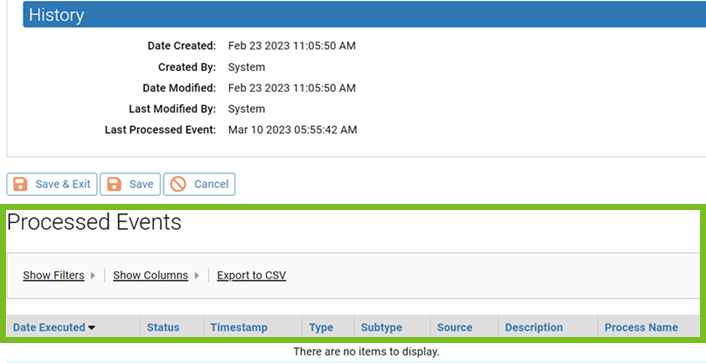 An event rule history and processed events list