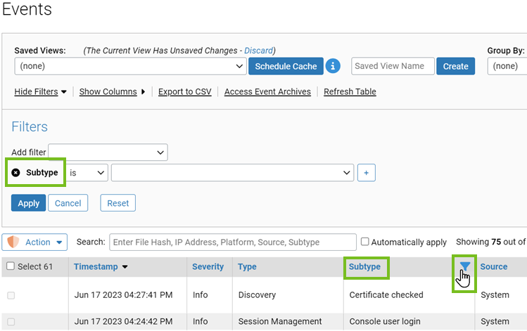 The Events page showing the column header filters for the Subtype column
