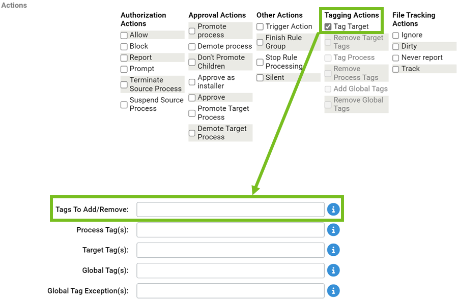 The selected Tag Target action and the Tags to Add/Remove field.