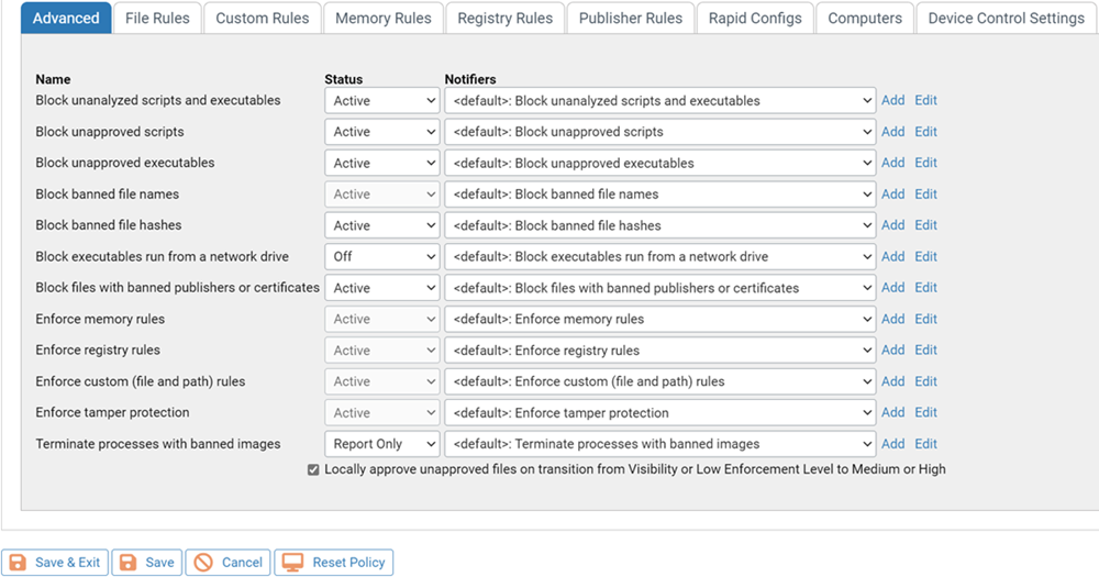 The advanced policy settings