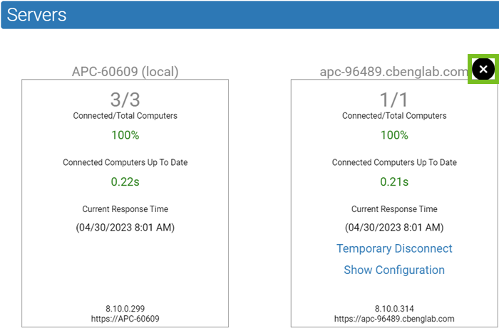 The delete button in the server panel