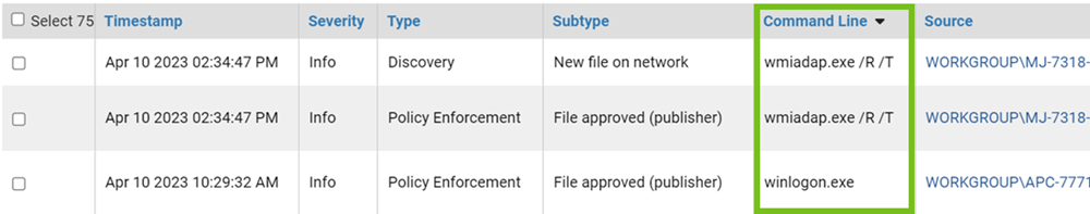 The command line column in the Events page