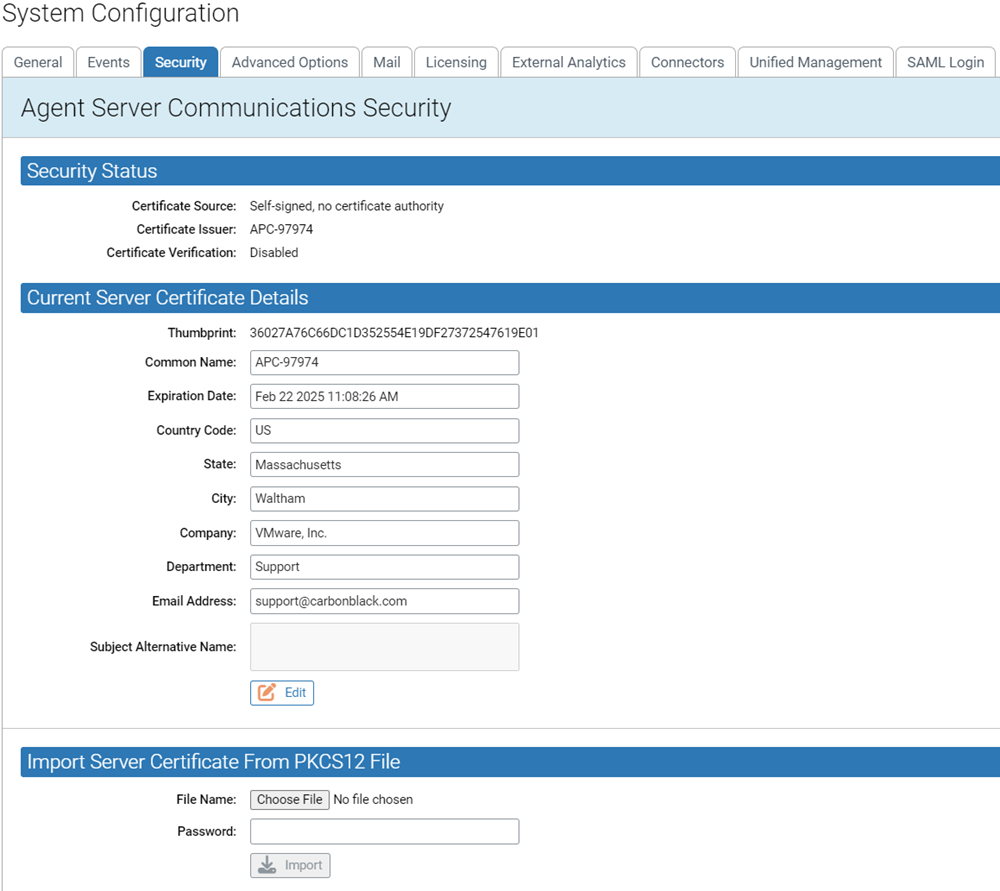 The Security tab of the System Configuration