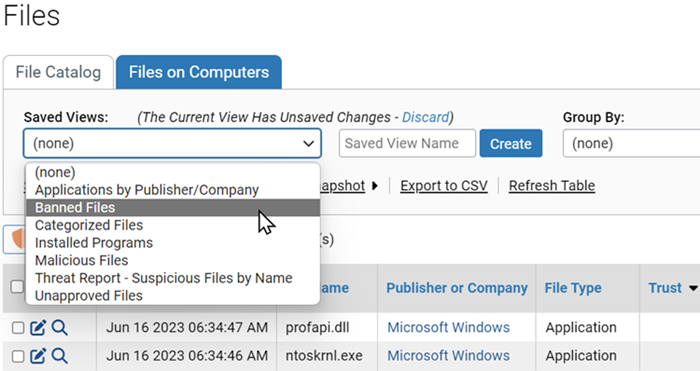 The pre-configured Saved Views menu