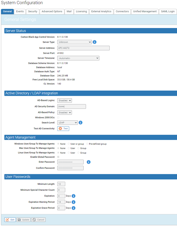 The General Settings tab of System Configuration