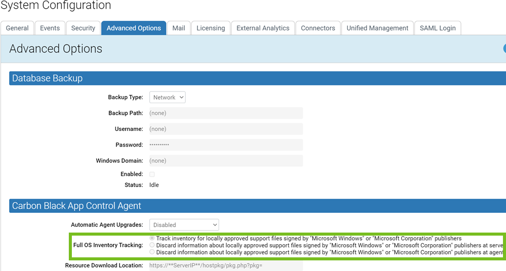 The Advanced Options tab with the Full OS Inventory Tracking field highlighted
