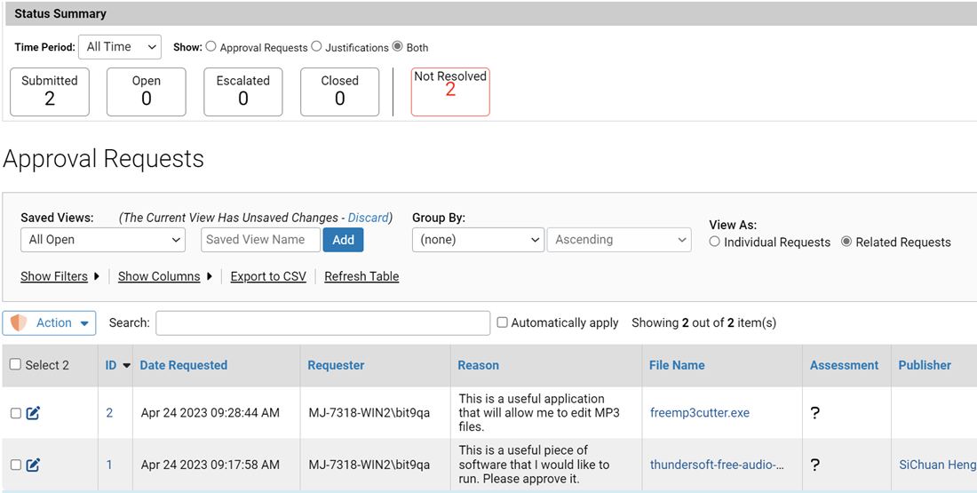 The Approval Requests and Justifications summary page.