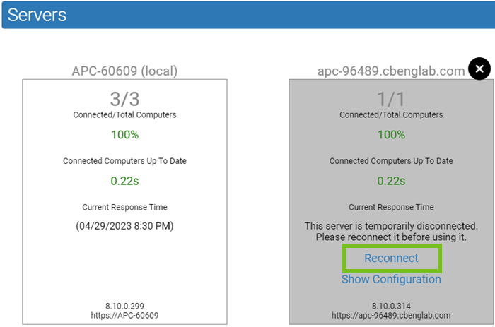 The reconnect button on the server panel
