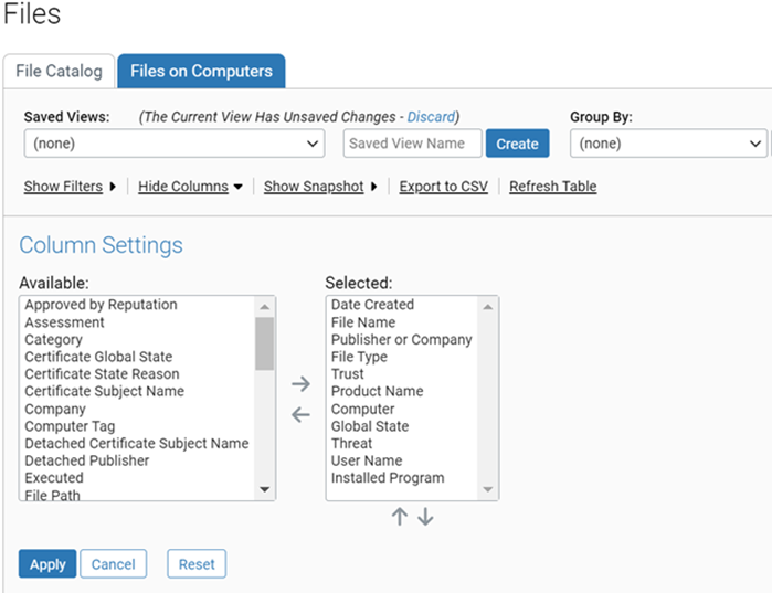 The Files on Computer tab showing the column settings and the Hide Columns button