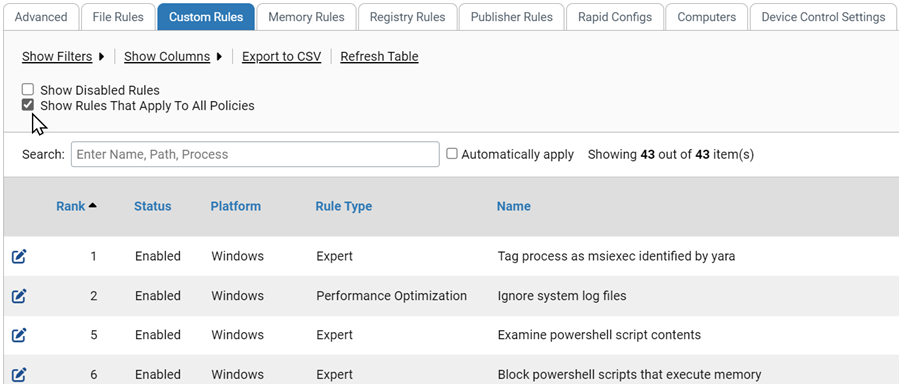 The Custom Rules tab showing the Show Rules that Apply to All Policies option selected