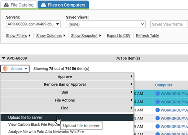 The file catalog tab showing the selected upload file to server
