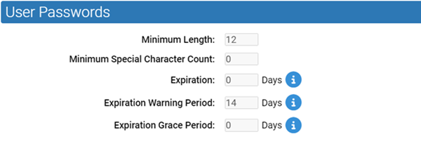 The User Passwords field options