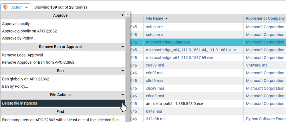 The Files on Computers tab showing the Action menu with the Delete files instances option selected