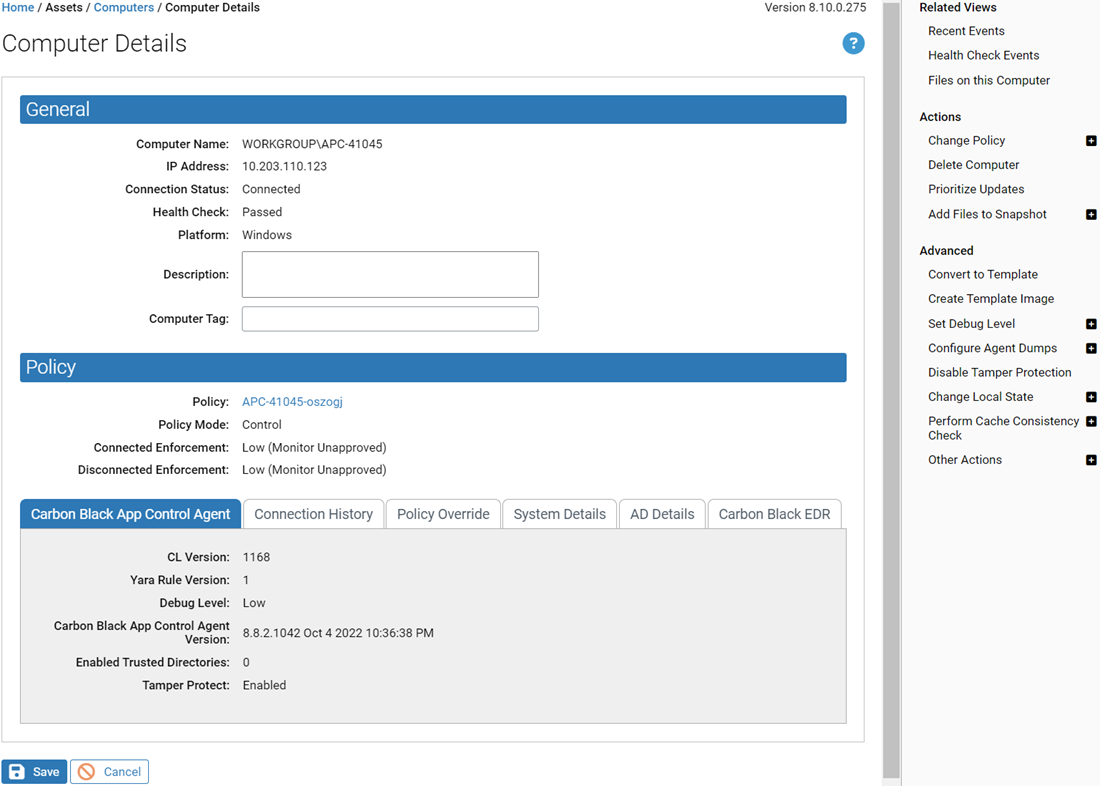 The computer details page