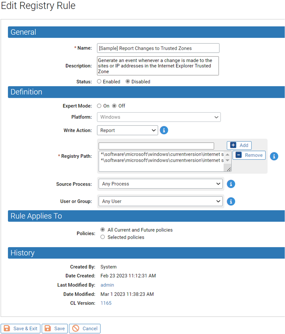 The Edit Registry Rule page showing the settings for the [Sample] Report Changes to Trusted Zones rule