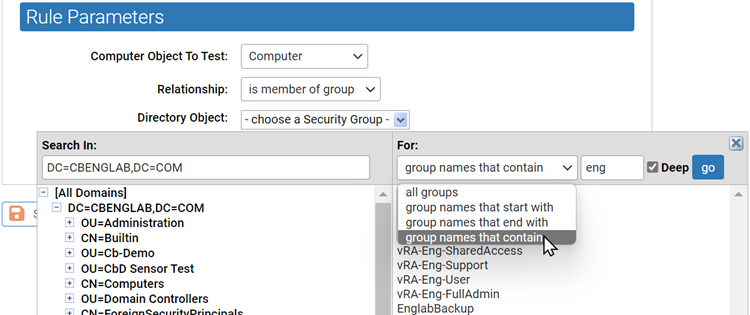 The AD object browser showing the string search