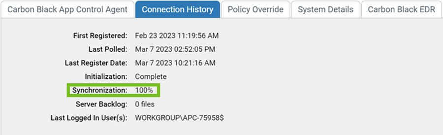 The Connection History tab showing Syncronization status at 100 percent