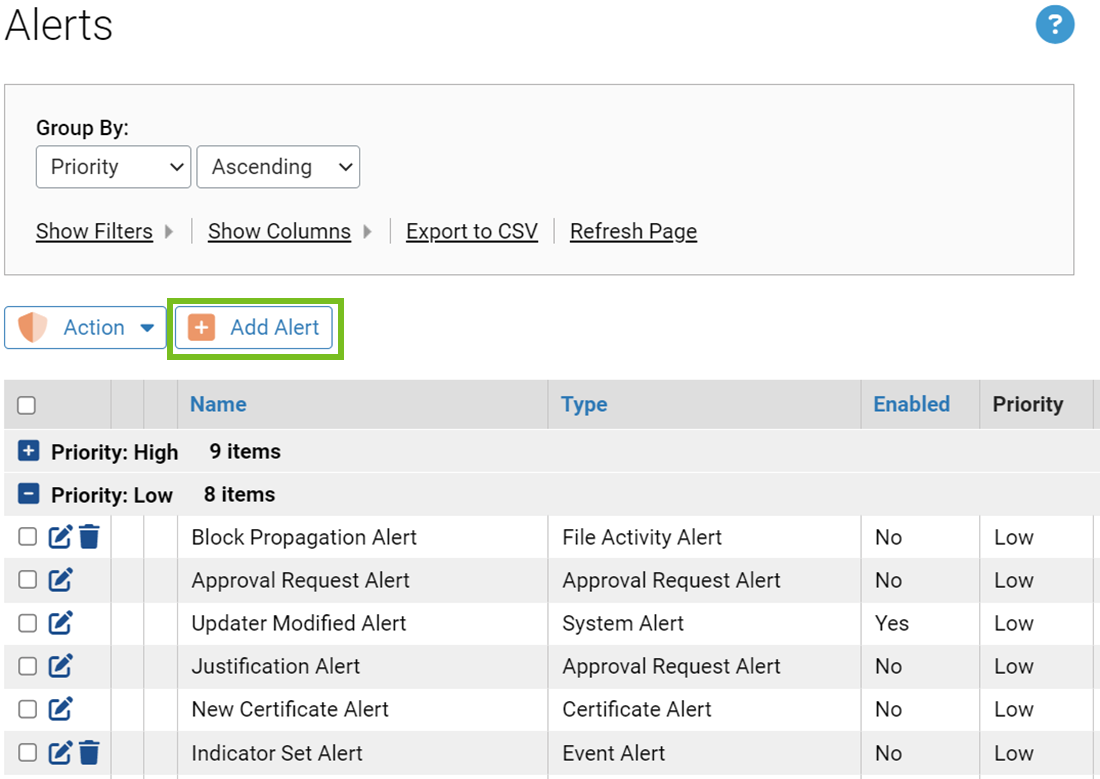 The Alerts page with the Add Alert button highlighted