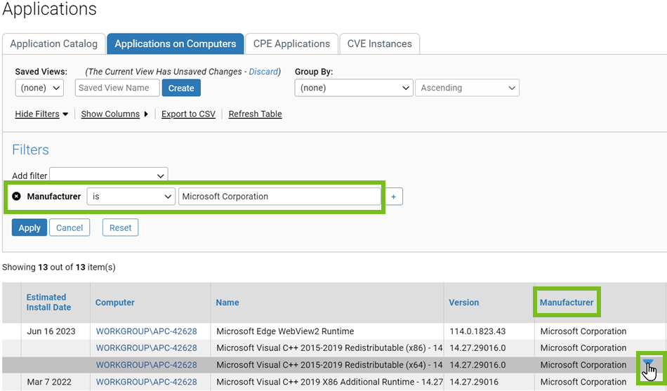 The Application Catalog showing the column cell filters for the Manufacturer column
