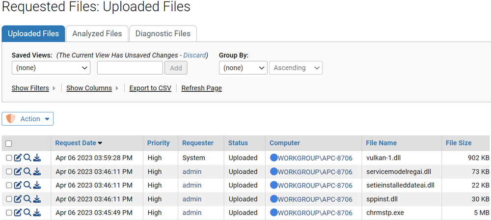 The Uploaded Files tab displaying the available columns
