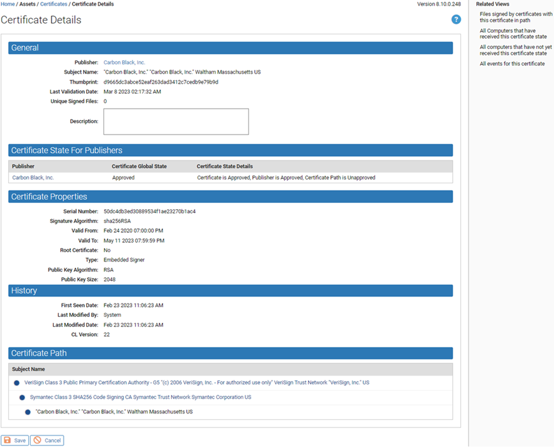 The Certificate details for a certificate
