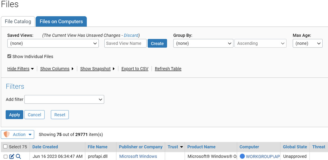 The Files on Computer tab showing the Filters dialog