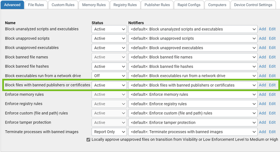 The Advanced Settings tab with the Block files with banned publishers or certificates field highlighted
