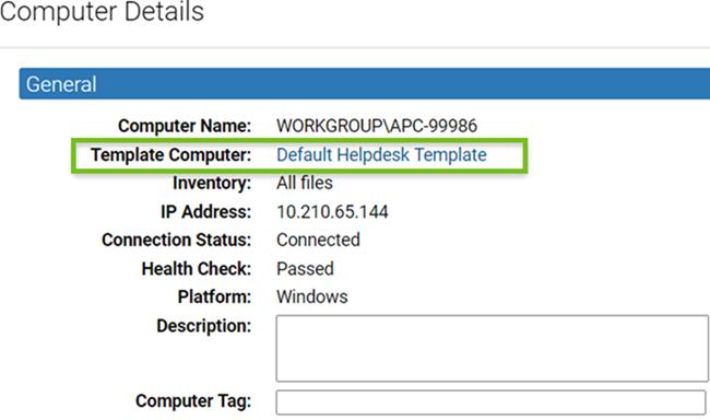 The Computer Details page for a cloned computer with the template computer field highlighted