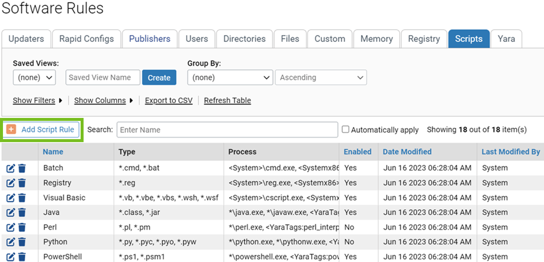 The Software Rules page showing the Scripts tab with the Add Script Rule button highlighted