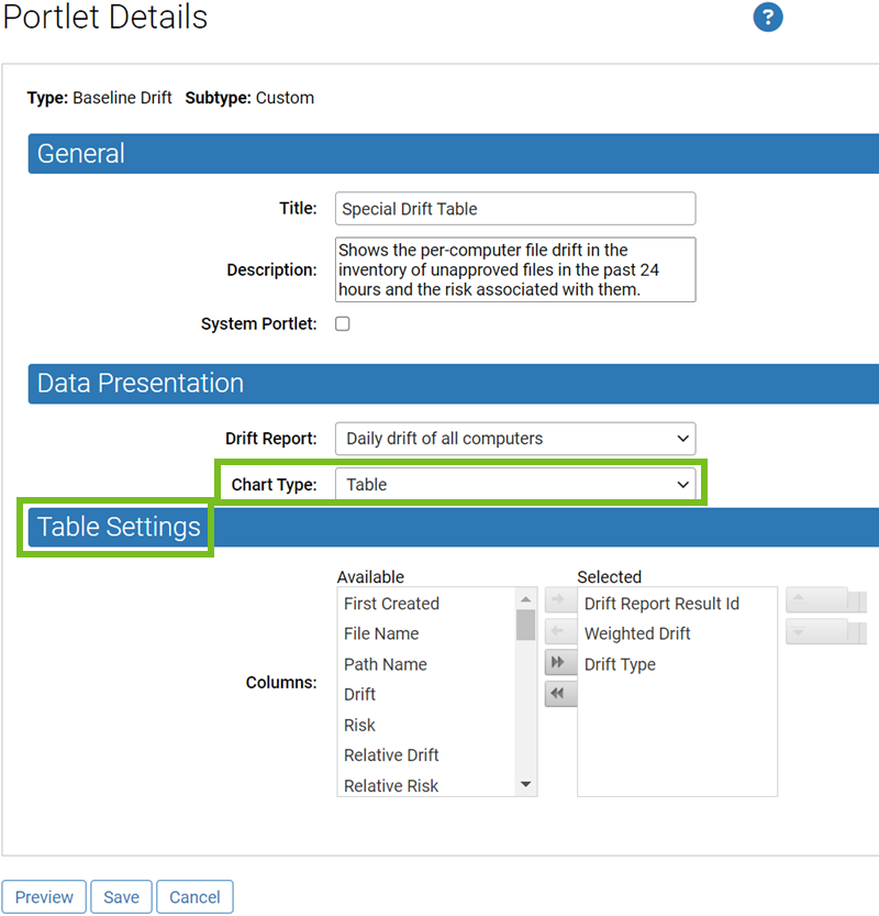 The Table Settings panel in the Portlet Details