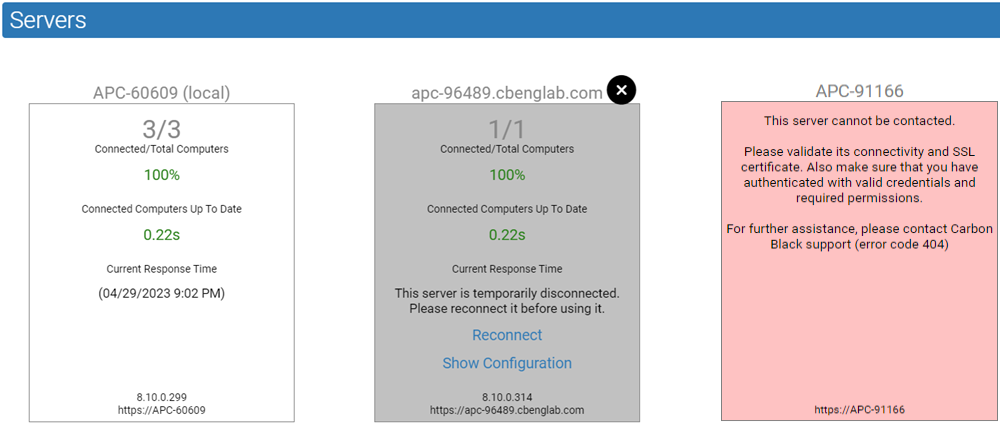 Three panels showing a connected server, a disconnected server, and a server unreachable due to error