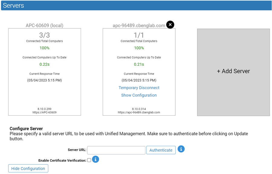 The Configure Server panel
