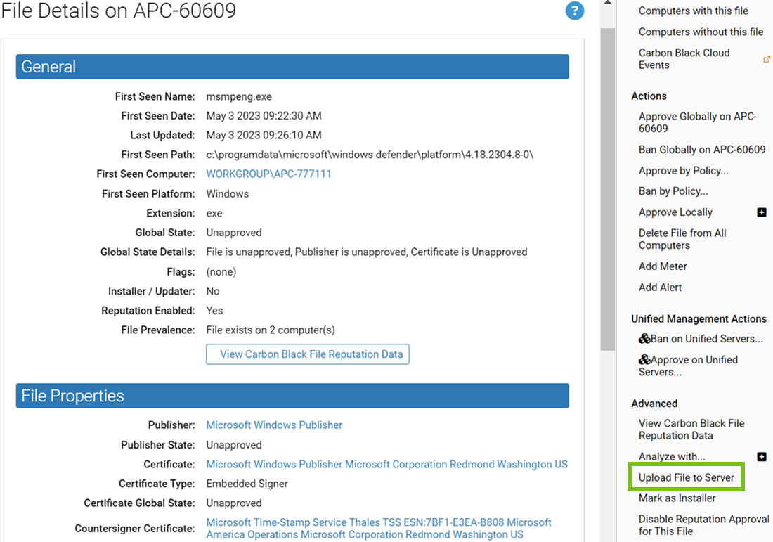 The advanced menu showing the upload file to server option