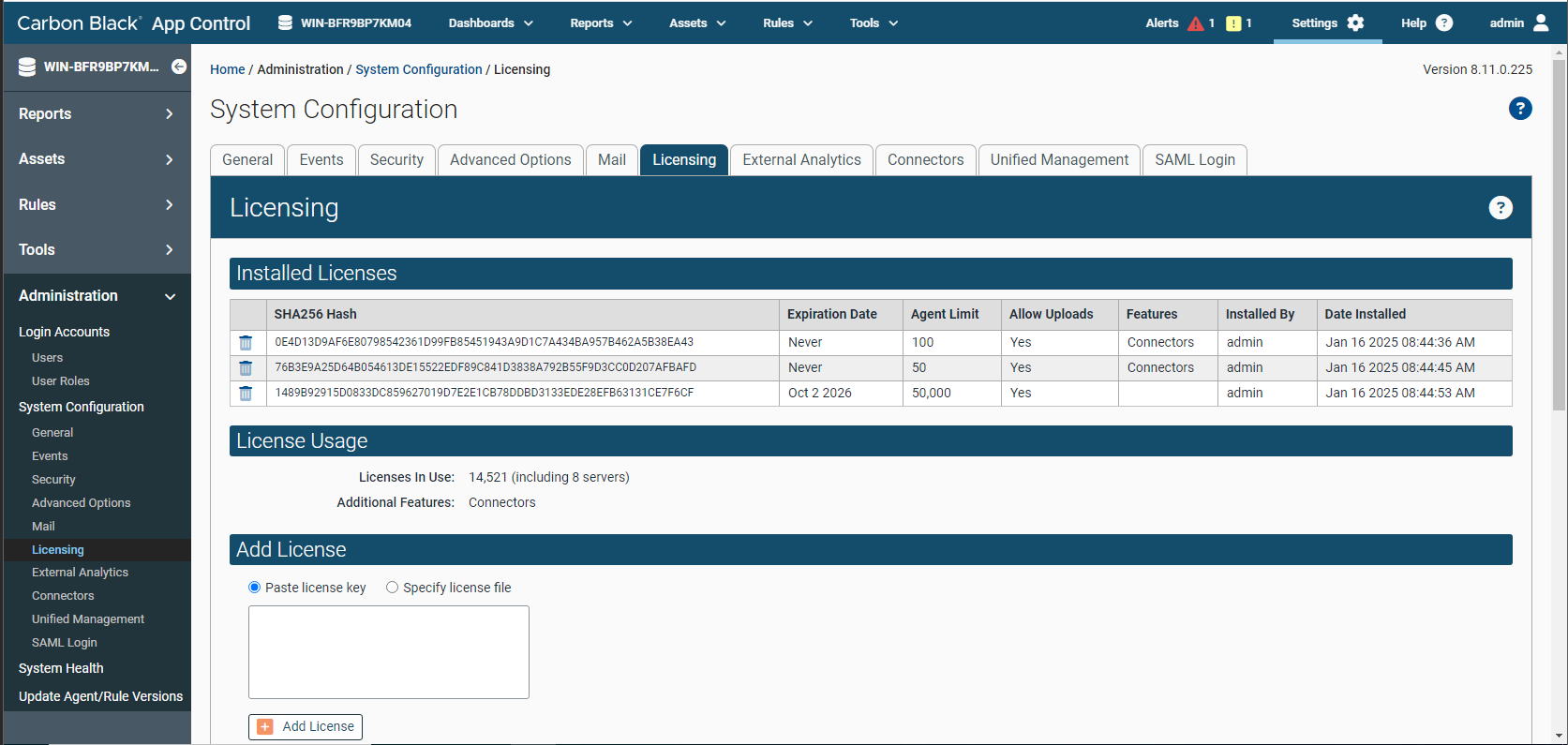 The Licensing tab on the System Configuration menu (displayed using dark mode)