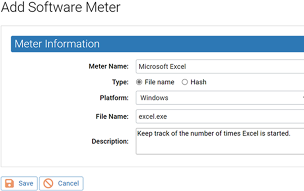 The Add Software Meter page with a meter to monitor executions of Microsoft Excel