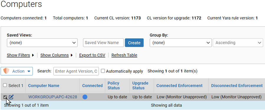 The computers page with a computer selected