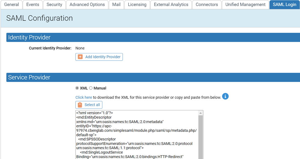 The SAML Configuration page