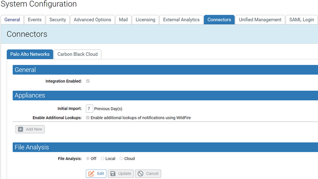 The Palo Alto Networks tab in the System Configuration menu